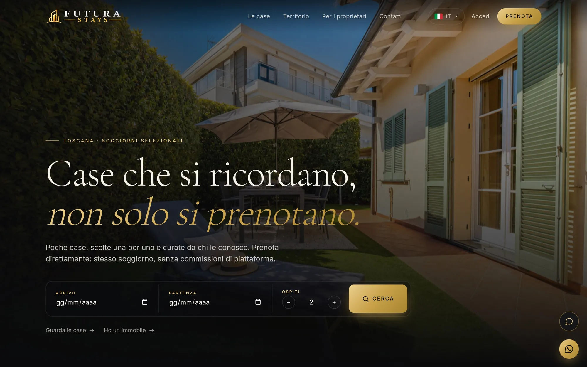 Homepage di Futura Stays con la ricerca per date e ospiti