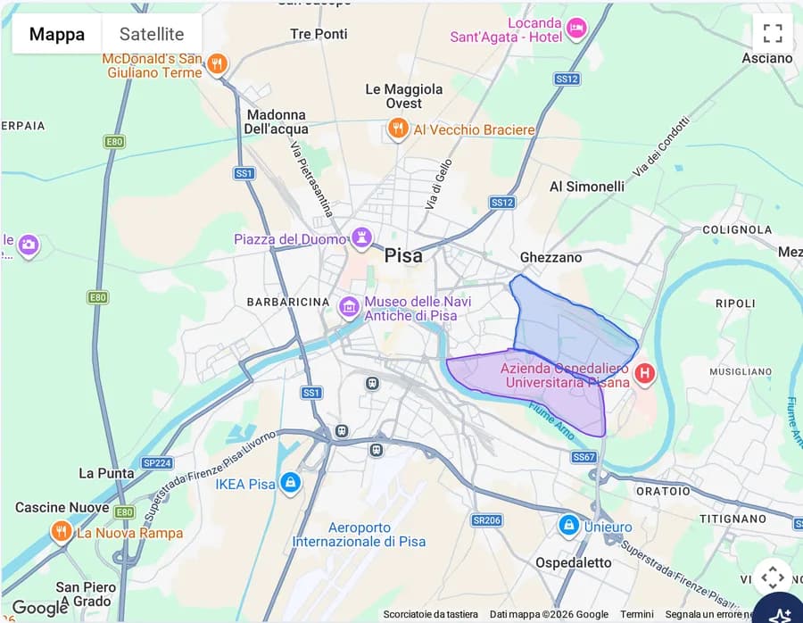 Mappa di Pisa nel gestionale con due zone disegnate a mano