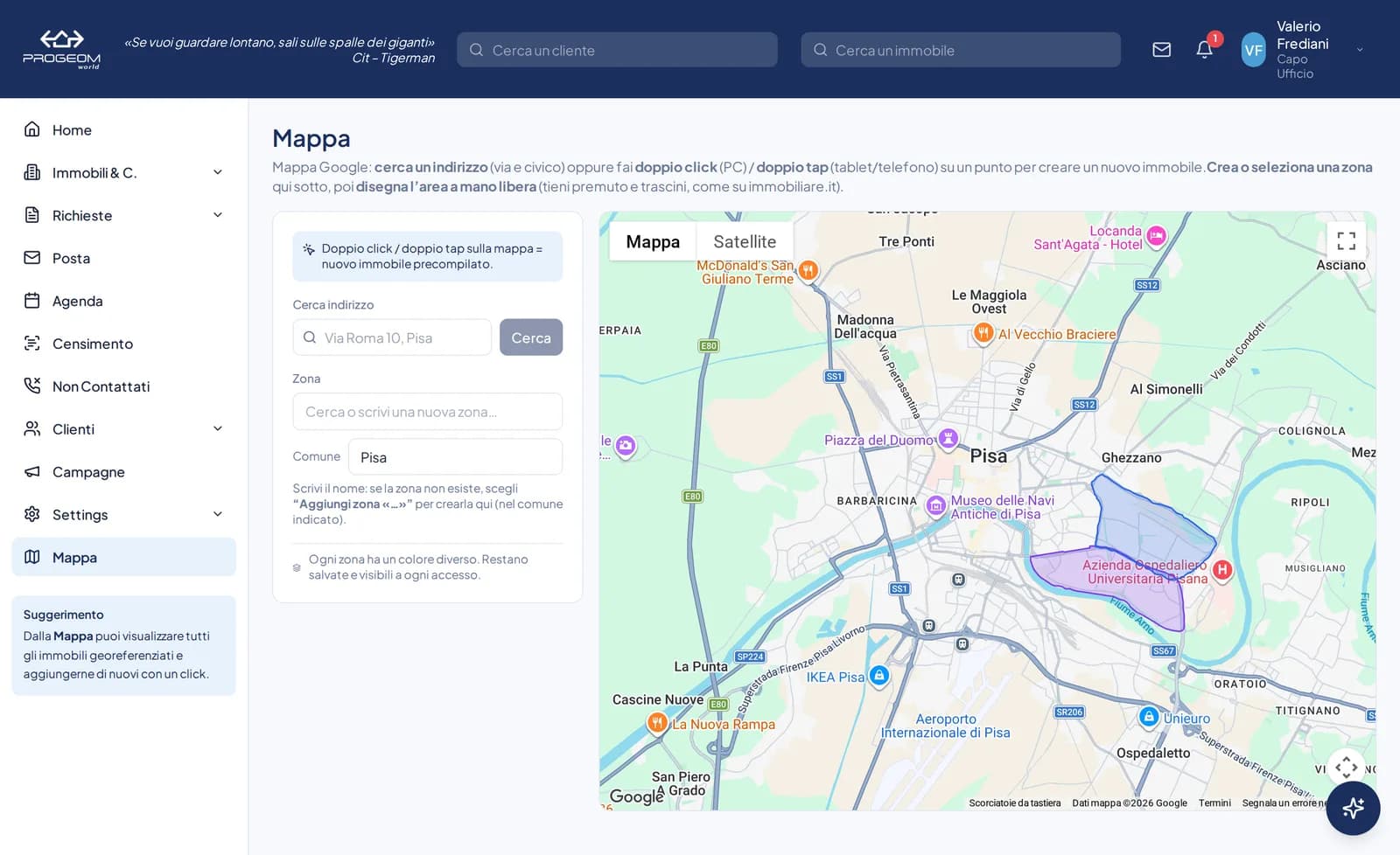 Mappa di Pisa nel gestionale con due zone disegnate a mano