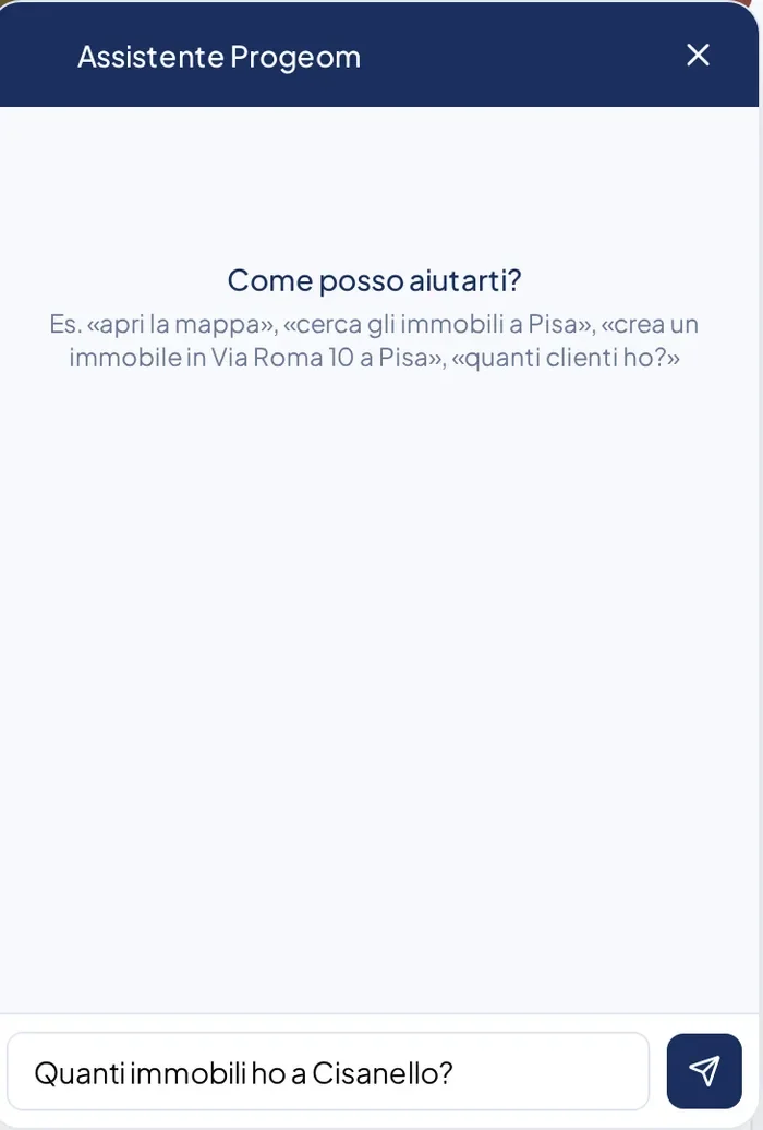 Pannello di ricerca aperto sopra la dashboard, con la domanda «Quanti immobili ho a Cisanello?»