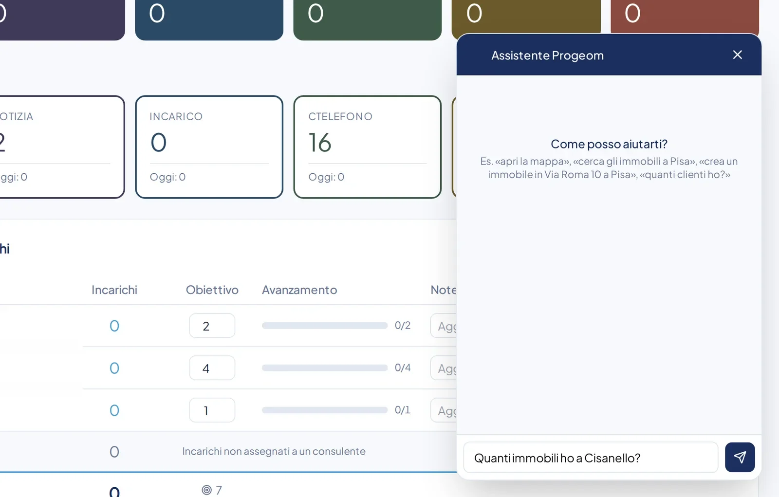 Pannello di ricerca aperto sopra la dashboard, con la domanda «Quanti immobili ho a Cisanello?»
