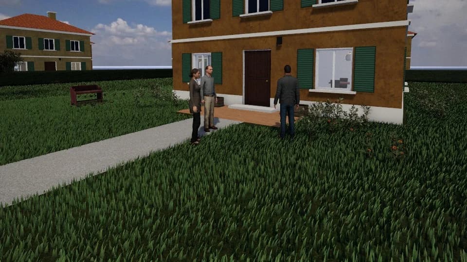 Scena 3D: agente e proprietari davanti alla casa