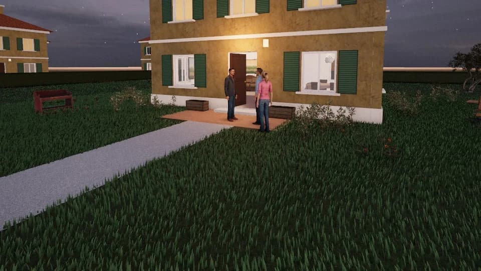 Scena 3D: la consegna delle chiavi la sera, con le finestre accese